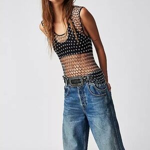 New-Black/Metal Soula Crystal Beaded Mesh See Thru Scoop Neck Tank Top